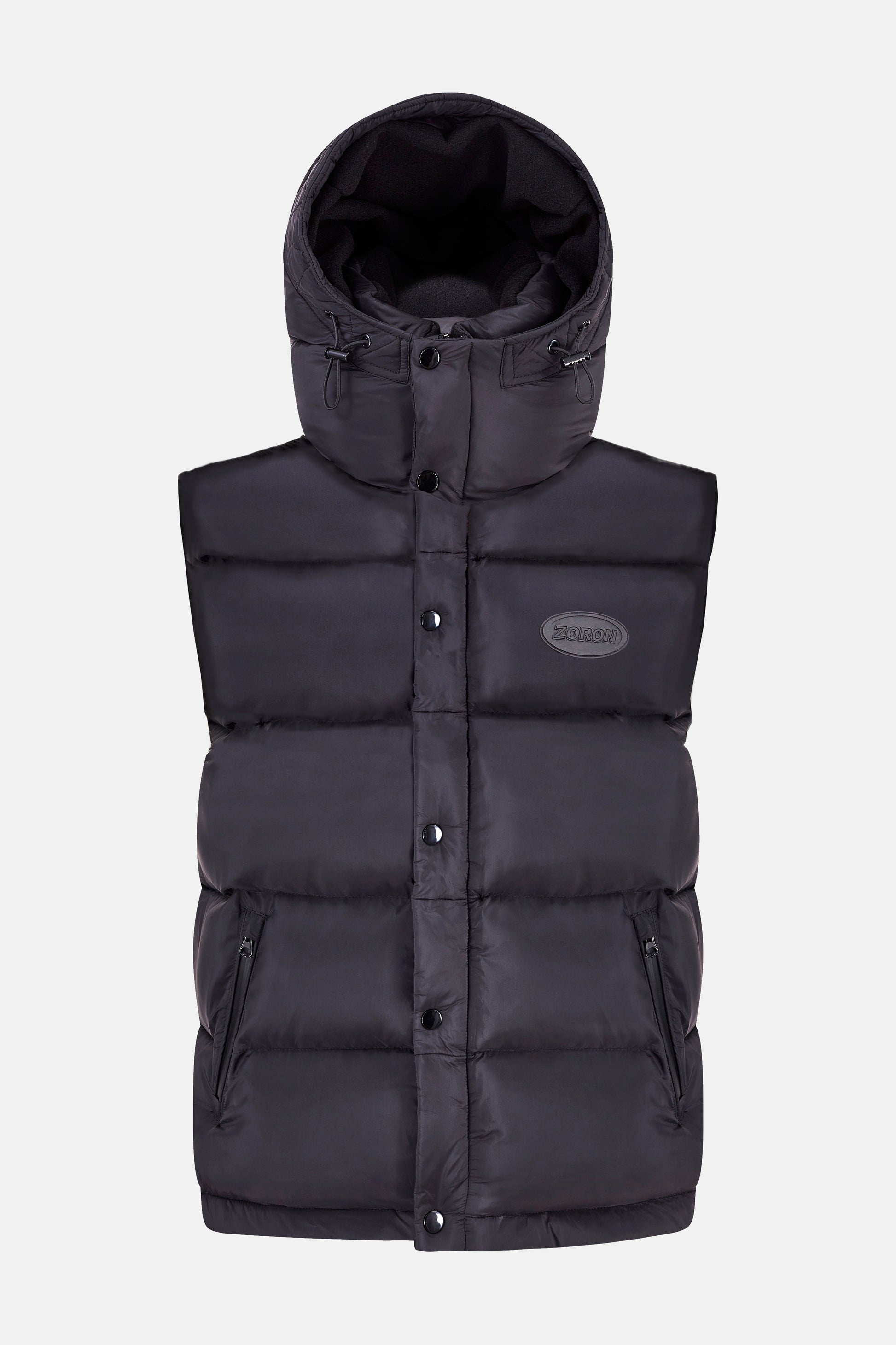 Black puffer jacket with a high funnel collar and detachable sleeves, featuring a signature zip closure with snap button placket, two exterior zip pockets, and ribbed cuffs.