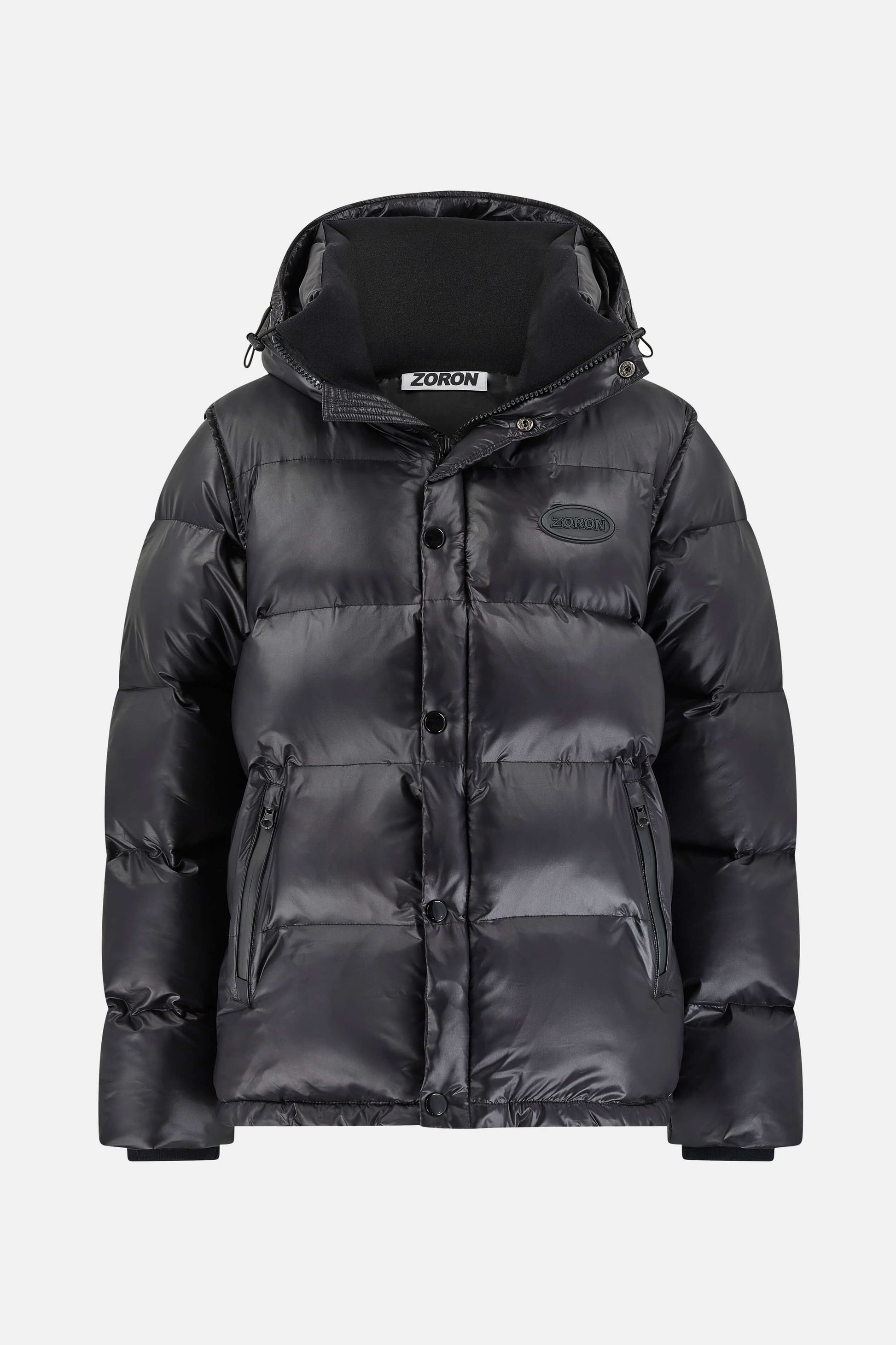 A black puffer jacket with a high funnel collar, detachable sleeves, and a zip closure. The jacket appears to be designed for warmth and is displayed in a frontal view with the hood down.